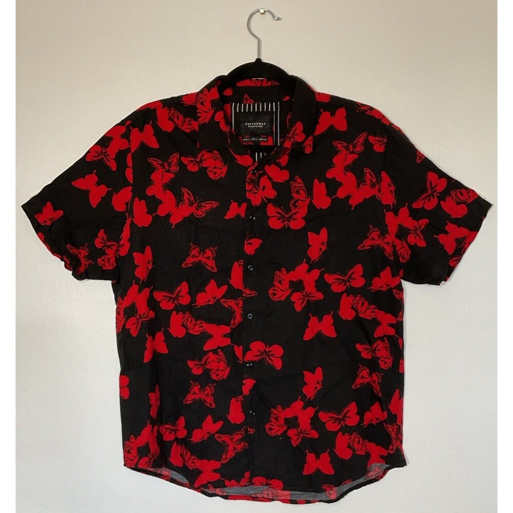 Cactus Man Ricky Singh Black Red Butterfly Print Button Up Shirt Size L